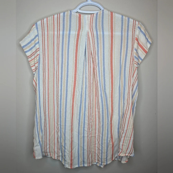 Liz Claiborne Women's V Neck Short Sleeve White Striped Button Down Blouse M - Picture 2 of 7